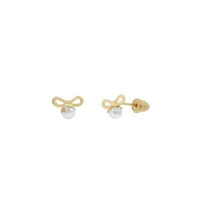 Hoberta Real14k Gold Bow Knot Center Pearl Stud Earrings with Screw back for Women Girls Men for Sensitive ears Small & Minimalist Dot Studs Jewelry for Gifts