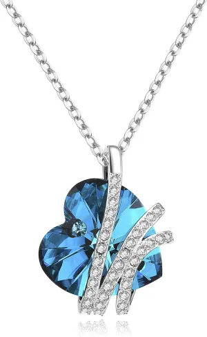 Hoobeads Blue Ocean Heart Pendants Necklace with Austrian Crystal 925 Sterling Silver Women Jewelry for Christmas (D)
