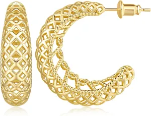 Hoop Earrings 14K Gold Earrings for Womens Hoop Earring Crescent Mesh Hollow Hoops Earring Push Back Thick Gold Hoops