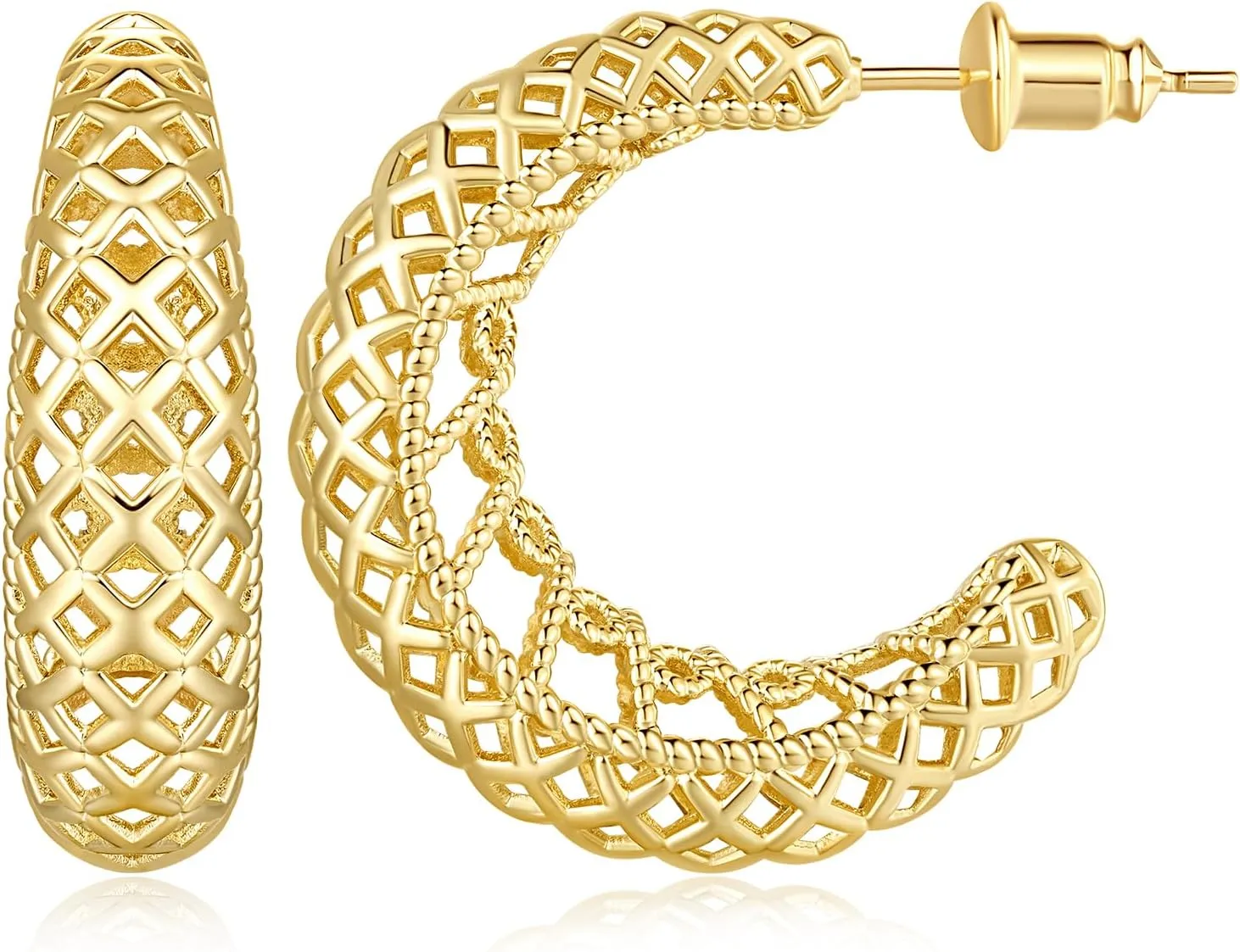 Hoop Earrings 14K Gold Earrings for Womens Hoop Earring Crescent Mesh Hollow Hoops Earring Push Back Thick Gold Hoops
