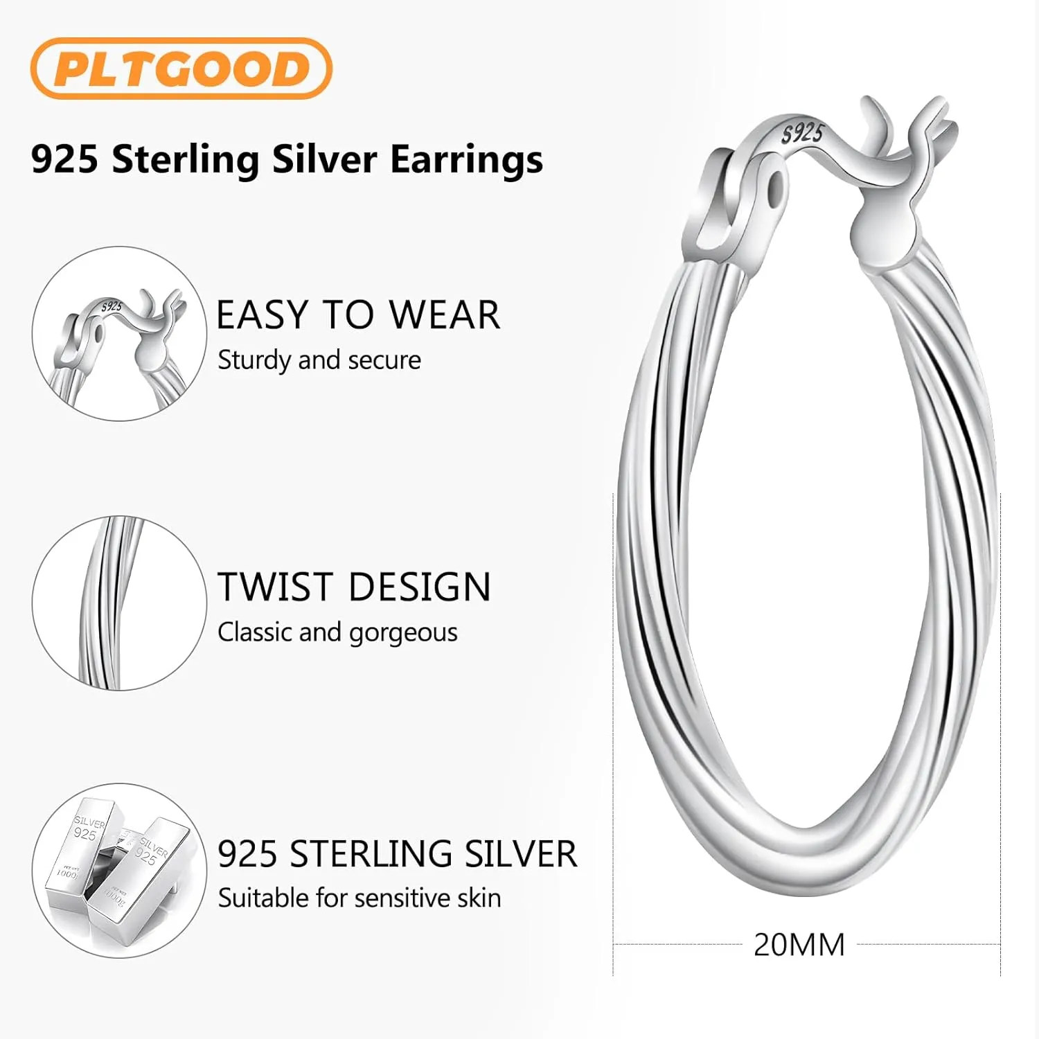 Hoop Earrings For Women 925 Sterling Silver Earrings Lightweight Silver Hoop Earring For Women Small Hoops Earrings Twisted Hoop Earrings 20 MM