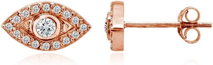 Hoops & Loops 925 Sterling Silver Evil Eye Round Bezel-Set Cubic Zirconia Dainty Stud Earrings for Women Men, Silver, Yellow Gold, Rose Gold