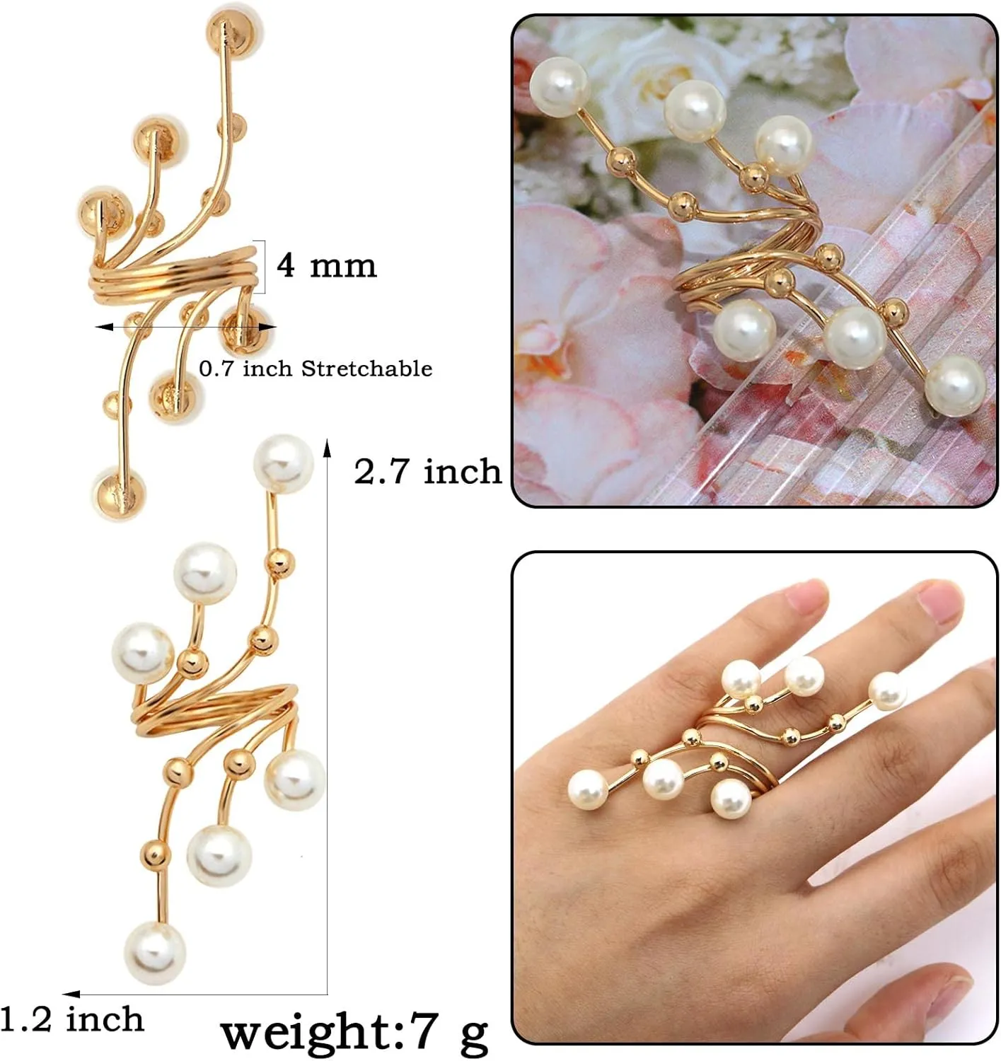 HSQYJ Fashion Adjustable Pearl Crystal Flower Cocktail Statement Ring Rhinestone FloraL Engagement Wedding Bands Rings Luxury Jewelry for Women Gift Gold Silver Plated