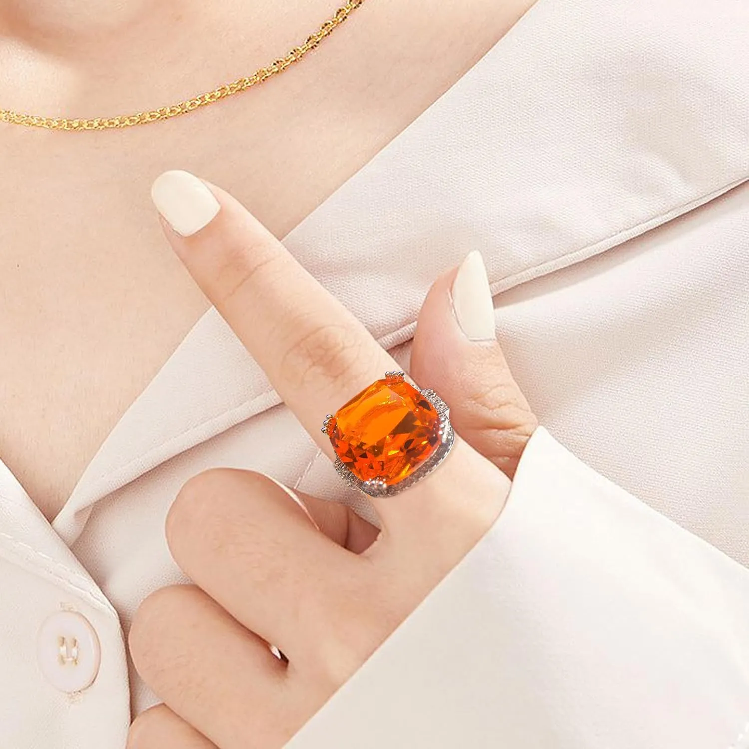HSQYJ Luxury Orange Square Cubic Zirconia Promise Rings Classic Style Crystal Anniversary Wedding Engagement Bands Cocktail Ring for Women White Gold Plated Jewelry Gifts