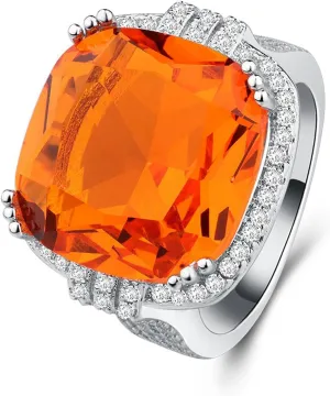 HSQYJ Luxury Orange Square Cubic Zirconia Promise Rings Classic Style Crystal Anniversary Wedding Engagement Bands Cocktail Ring for Women White Gold Plated Jewelry Gifts