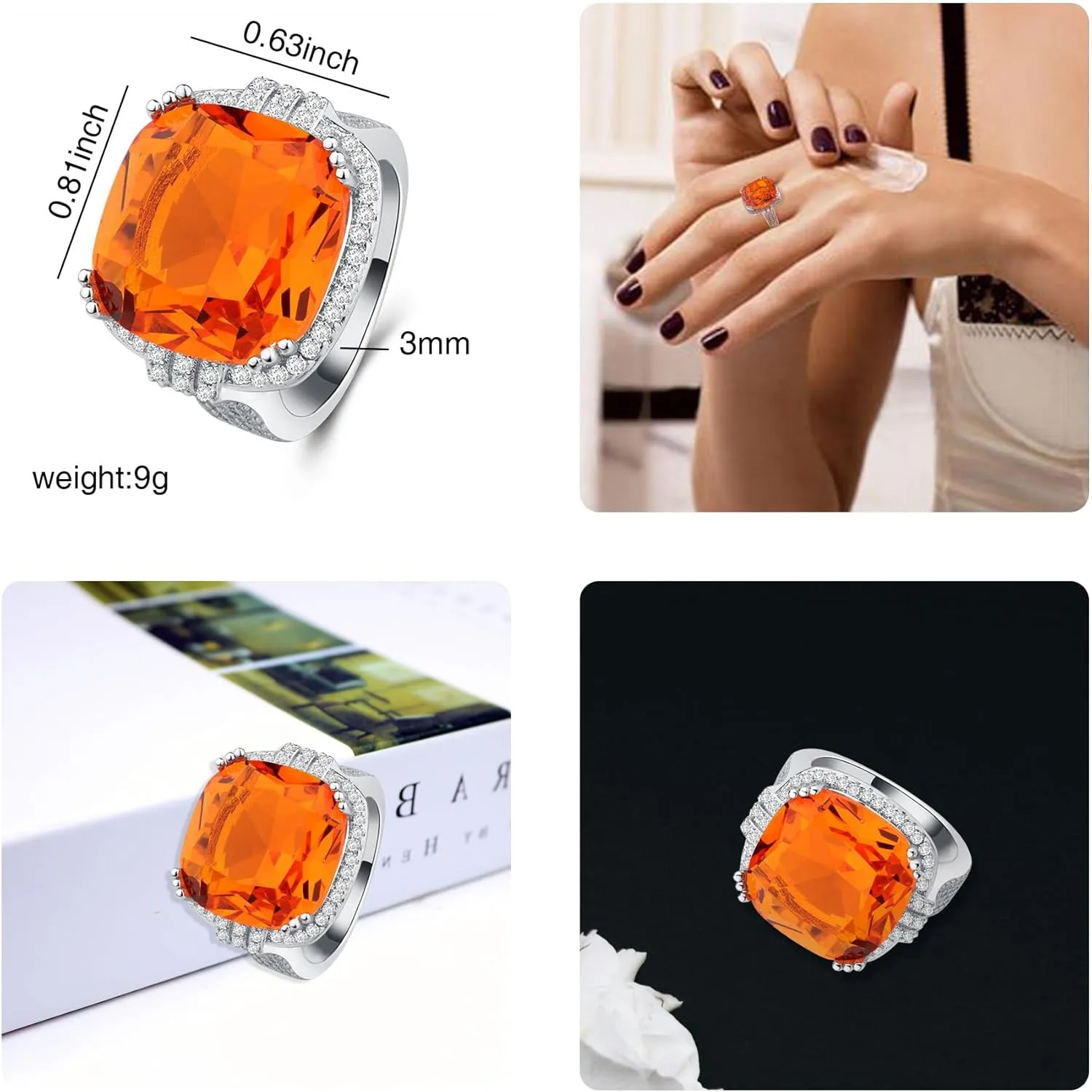 HSQYJ Luxury Orange Square Cubic Zirconia Promise Rings Classic Style Crystal Anniversary Wedding Engagement Bands Cocktail Ring for Women White Gold Plated Jewelry Gifts