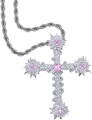 Iced Out Bling CZ Pink Cross Sun Rose Flower Shape Pendant Necklaces for Men Women