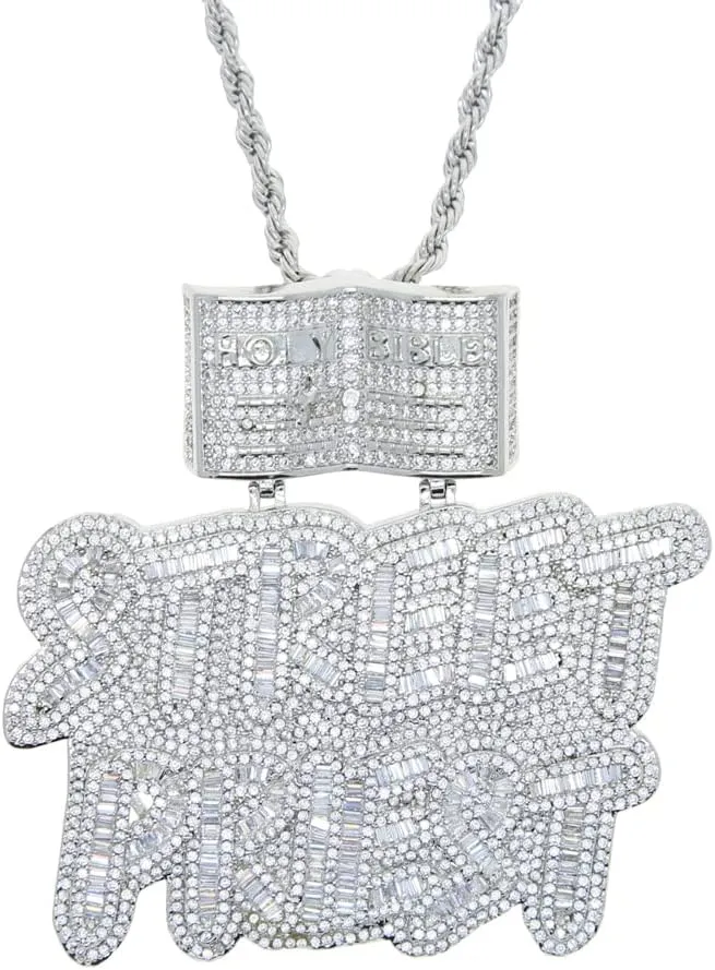 Iced Out Bling CZ Street Priest Letters Charm Pendant Necklaces with Open Book Shape Threading Loop Ring