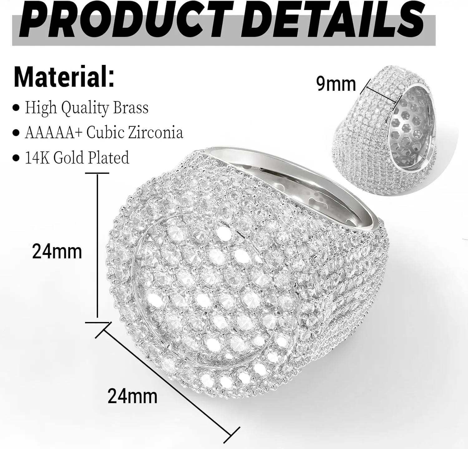 Iced Out Rings for Men, 24MM Large Simulated Diamond Mens Wedding Band 14K White Gold Plated Full 5A CZ Hip Hop Ring Chunky Bling Cluster Men's Pinky Rings Rapper Jewelry Gift 7-10US