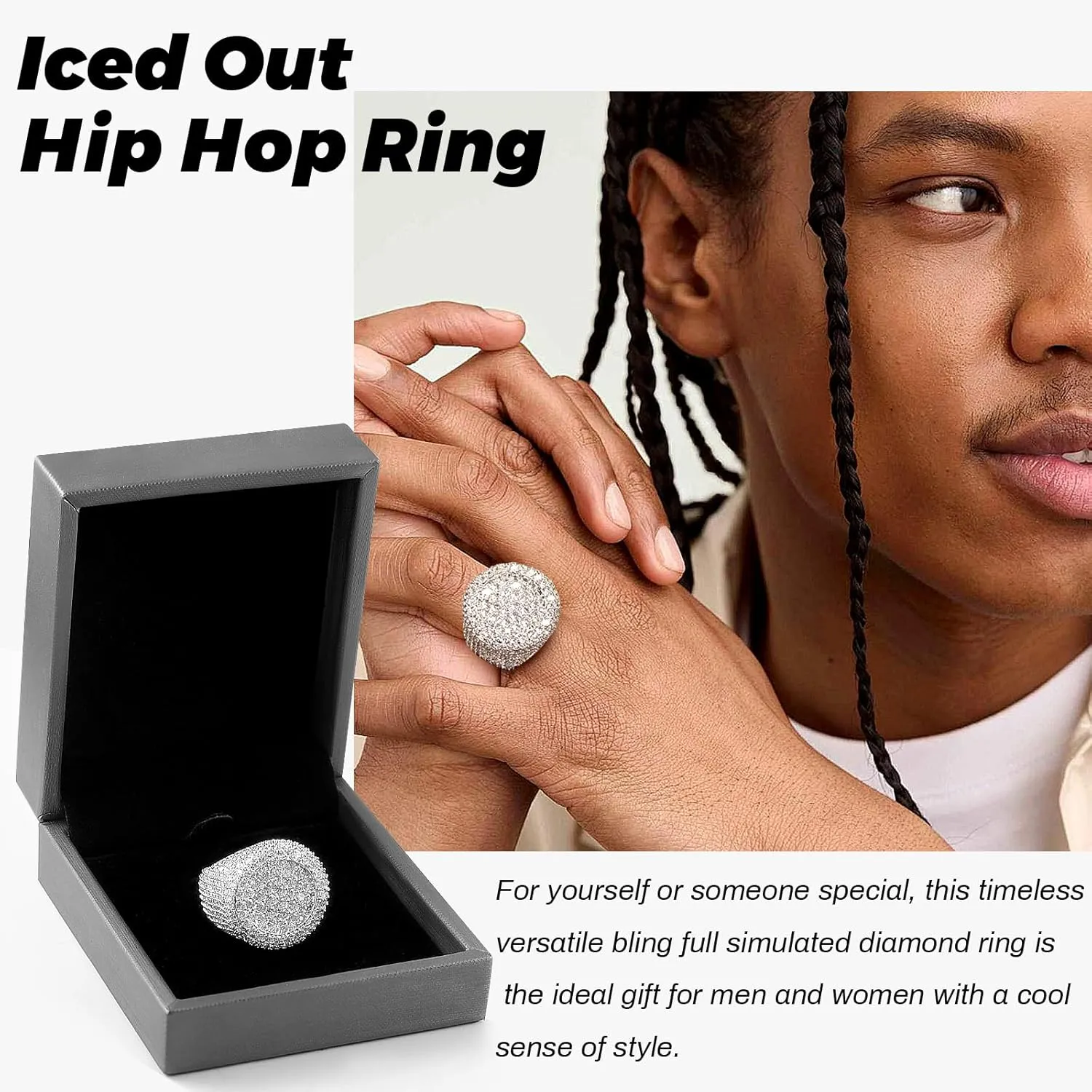 Iced Out Rings for Men, 24MM Large Simulated Diamond Mens Wedding Band 14K White Gold Plated Full 5A CZ Hip Hop Ring Chunky Bling Cluster Men's Pinky Rings Rapper Jewelry Gift 7-10US