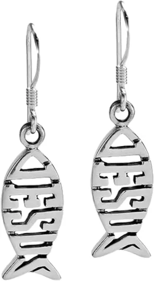 Ichthys Jesus Fish Dangle Earrings in 925 Sterling Silver | Christian Faith Jewelry for Women | Elegant Religious Gift Idea
