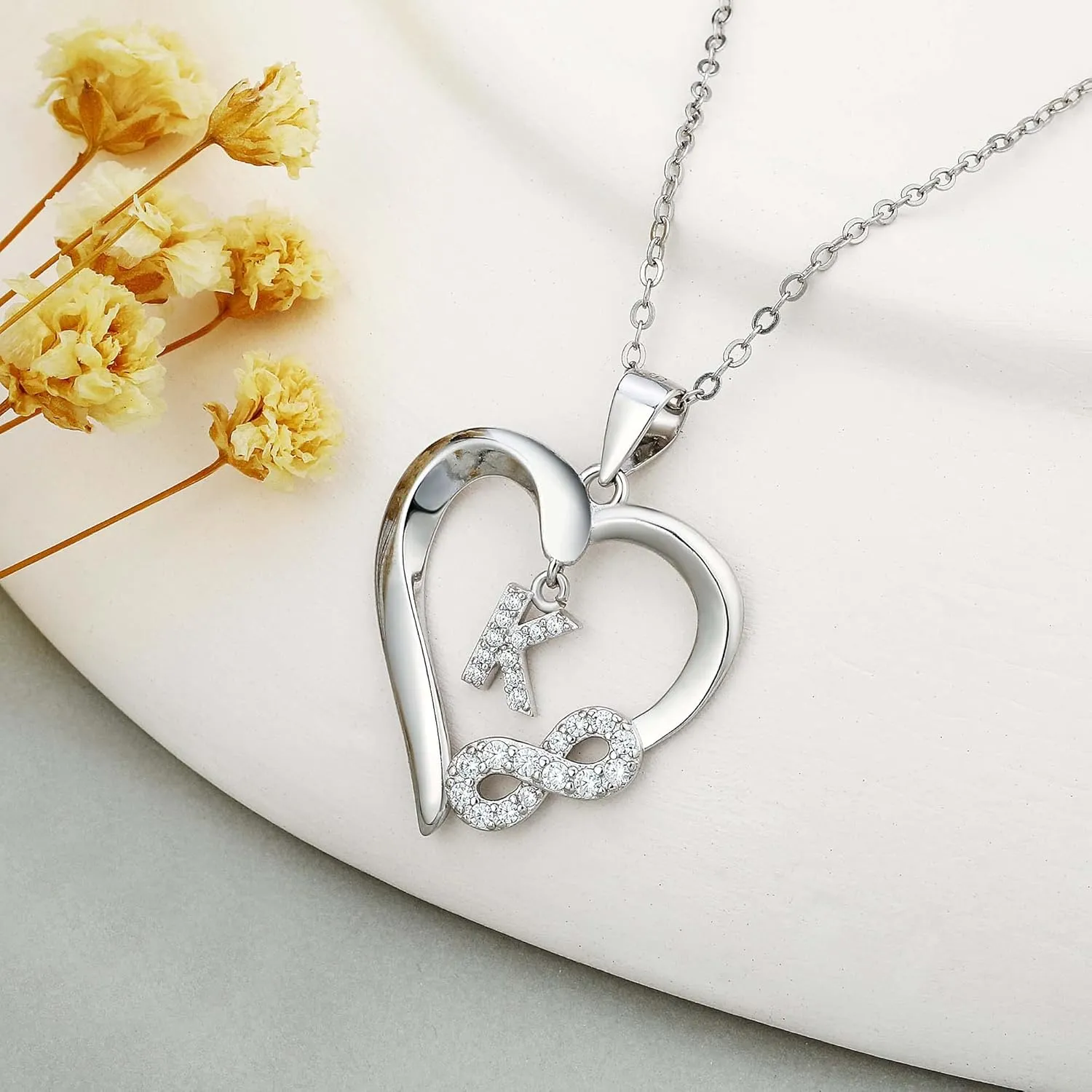 Infinity Heart Necklaces for Women, S925 Sterling Silver Initial Necklace Womens Jewelry Mothers Day Gifts Girls Valentines Gifts for Her Christmas Birthday Gifts for Women Mom Wife Girlfriend