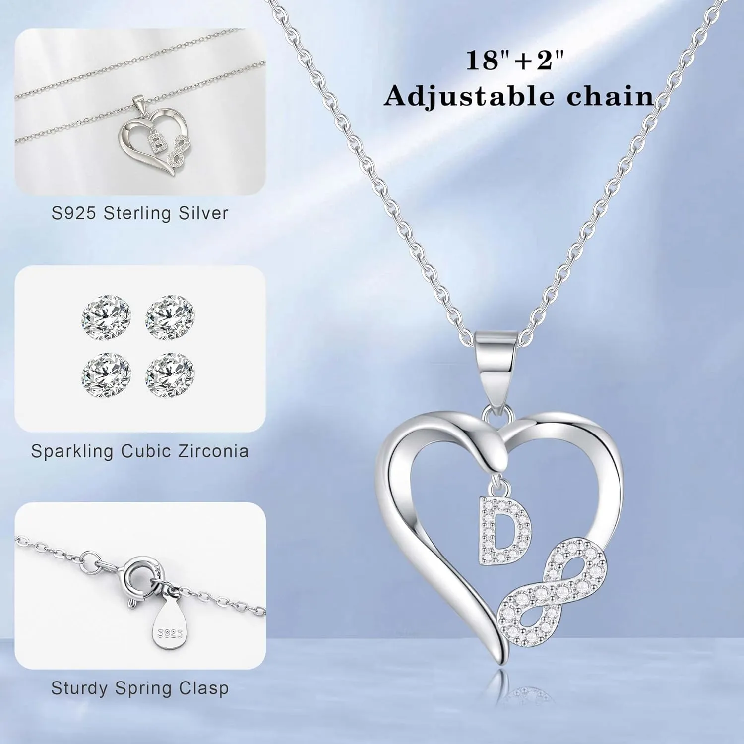 Infinity Heart Necklaces for Women, S925 Sterling Silver Initial Necklace Womens Jewelry Mothers Day Gifts Girls Valentines Gifts for Her Christmas Birthday Gifts for Women Mom Wife Girlfriend