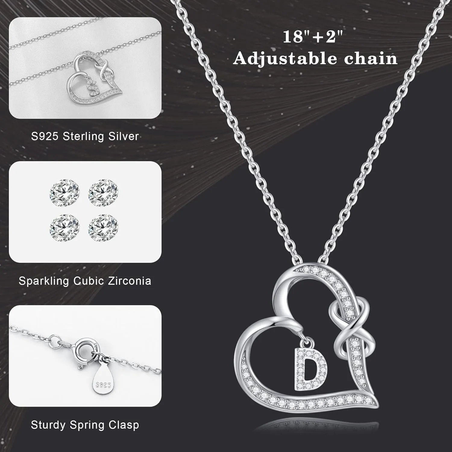 Infinity Heart Necklaces for Women, S925 Sterling Silver Initial Necklace Womens Jewelry Mothers Day Gifts Girls Valentines Gifts for Her Christmas Birthday Gifts for Women Mom Wife Girlfriend