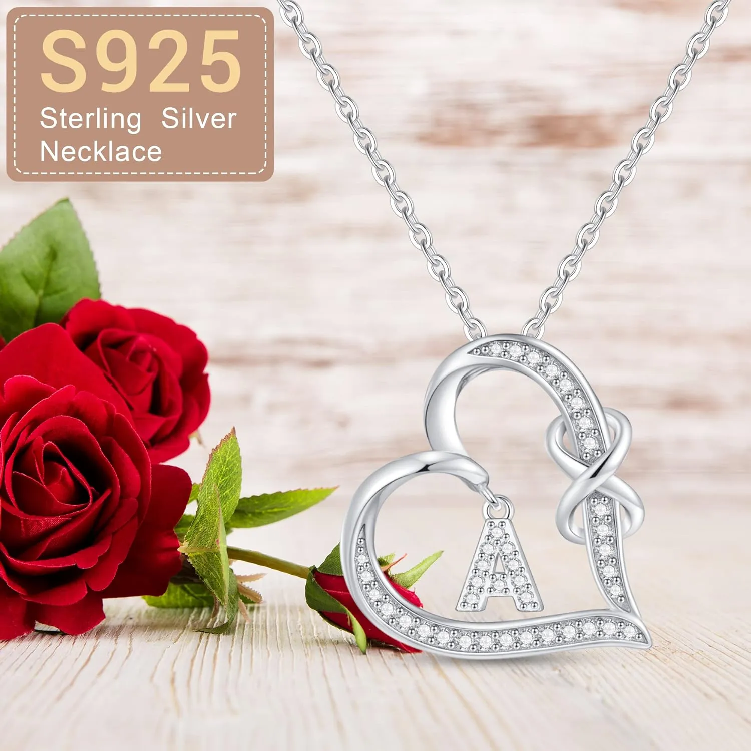 Infinity Heart Necklaces for Women, S925 Sterling Silver Initial Necklace Womens Jewelry Mothers Day Gifts Girls Valentines Gifts for Her Christmas Birthday Gifts for Women Mom Wife Girlfriend