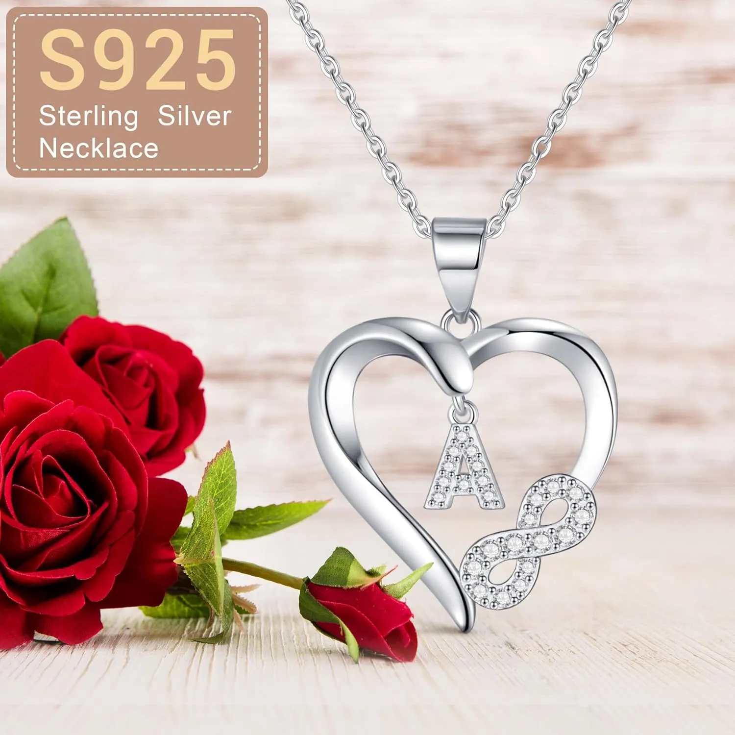 Infinity Heart Necklaces for Women, S925 Sterling Silver Initial Necklace Womens Jewelry Mothers Day Gifts Girls Valentines Gifts for Her Christmas Birthday Gifts for Women Mom Wife Girlfriend