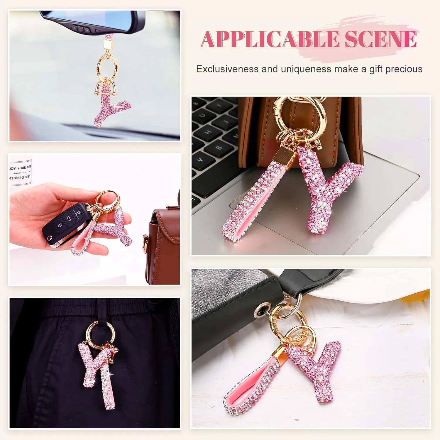 Initial Car Keychains for Women Girls,Bling Cute A-Z Key Chains for Handbags,Personalized Gift