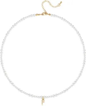 Initial Pearl Necklaces for Women 14K Gold Plated Dainty Pearl Chain Necklace Initial Charm Pendant Pearl Choker Jewelry