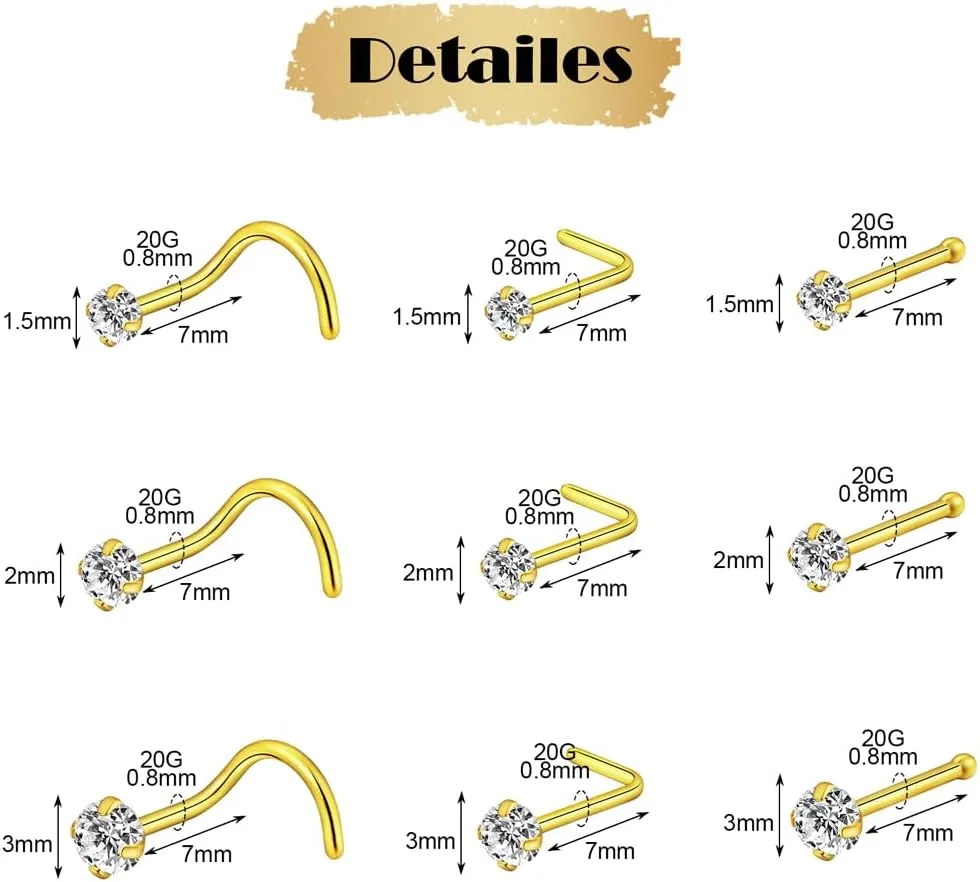 intera Hypoallergenic 20G 18G Nose Rings Stud for Women Men Surgical Steel Nose Piercing Jewelry Gold Silver Rose Gold Nose Earrings