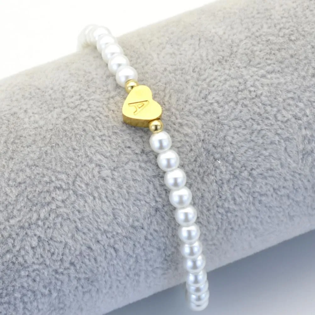 JczR.Y Imitation Pearl Bracelets for Women A to Z Letter Bracelet Gold Heart Elastic Beaded Bracelets Statement Jewelry Gift