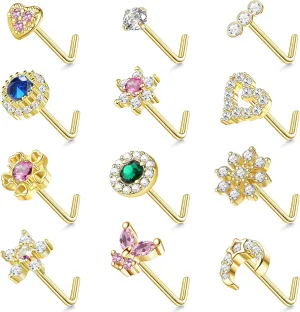 JeryWe 12Pcs Nose Studs 20g Nose Stud L Shaped Diamond CZ Nose Rings Stud for Women Surgical Steel Nose Rings Nose Screw Nose Piercing Stud Butterfly Heart Flower Nostril Jewelry Silver Rose Gold