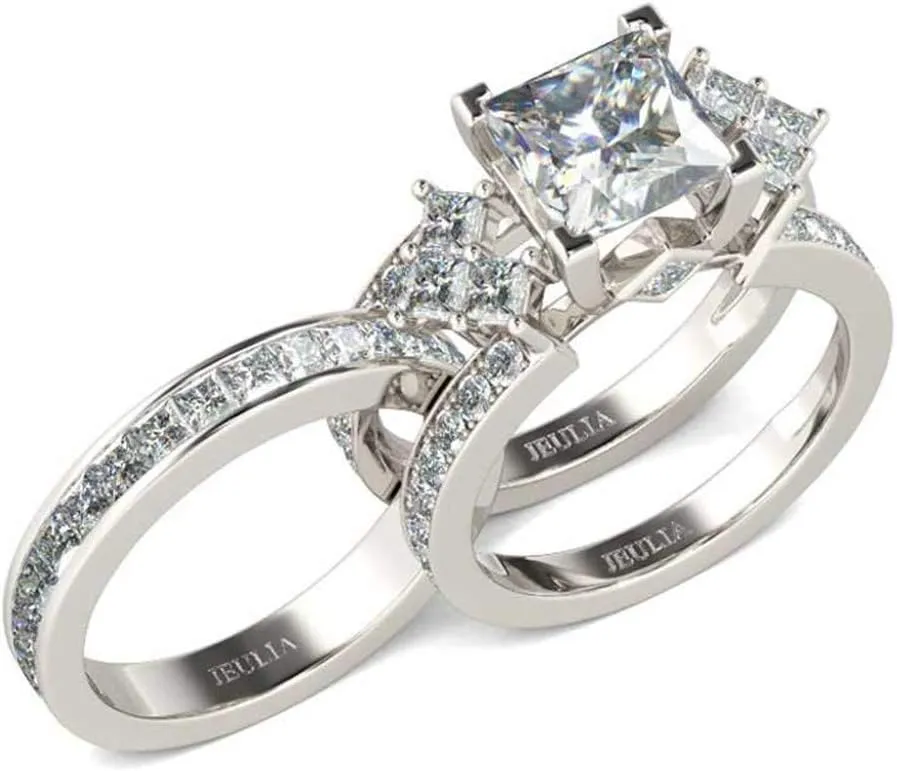Jeulia 4.1 Carat Bridal Ring Sets for Women Princess Cut Engagement Rings Sterling Silver Wedding Band Interchangeable Rings Promise Anniversary with Jewelry Box