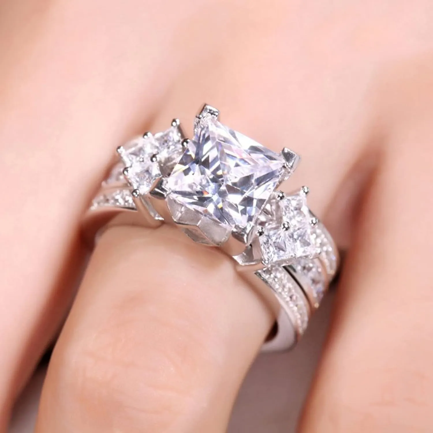 Jeulia 4.1 Carat Bridal Ring Sets for Women Princess Cut Engagement Rings Sterling Silver Wedding Band Interchangeable Rings Promise Anniversary with Jewelry Box