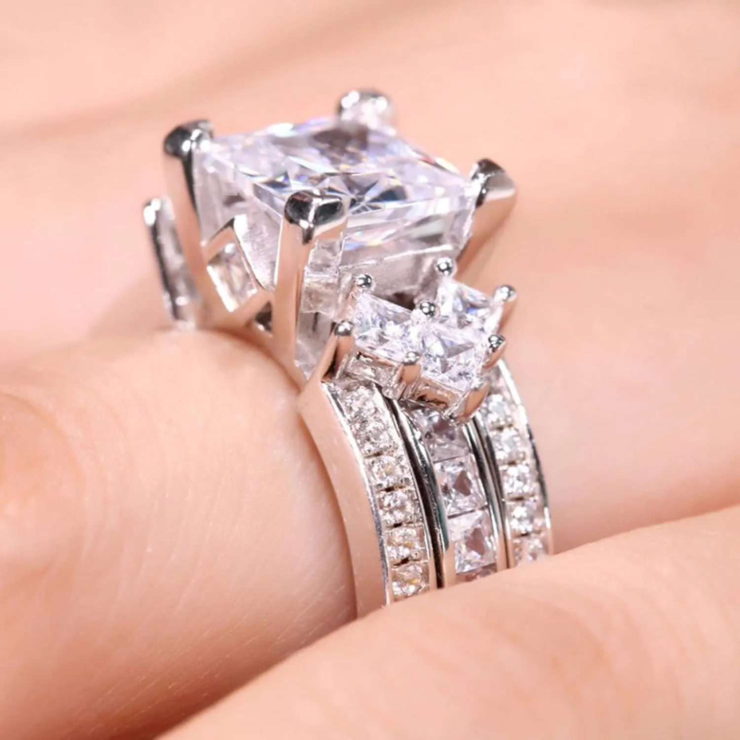 Jeulia 4.1 Carat Bridal Ring Sets for Women Princess Cut Engagement Rings Sterling Silver Wedding Band Interchangeable Rings Promise Anniversary with Jewelry Box