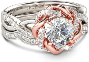 Jeulia Halo Solitaire Engagement Rings for Women Sterling Silver Floral Flower Rings Rose Gold Plated Diamond Ring Round Cut Bridal Ring Set Anniversary Promise Rings for Her