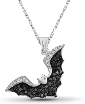 JEWELEXCESS Diamond Bat Necklace Halloween Jewelry  1 CTW Black and White Diamond Halloween Necklace  Sterling Silver Rope Chain with Bat Pendant  Witchy Jewelry for Women
