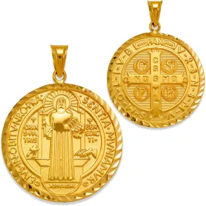 JEWELHEART 14K Real Gold Saint Benedict Medals 14mm 18mm 20mm 25mm Diamond Cut San Benito Pendant Charm For Men Women Religious Medallion Two Sided