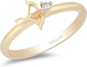 Jewelili Enchanted Disney Fine Jewelry 10K Yellow Gold Natural White Diamond Merida Bow and Arrow Ring
