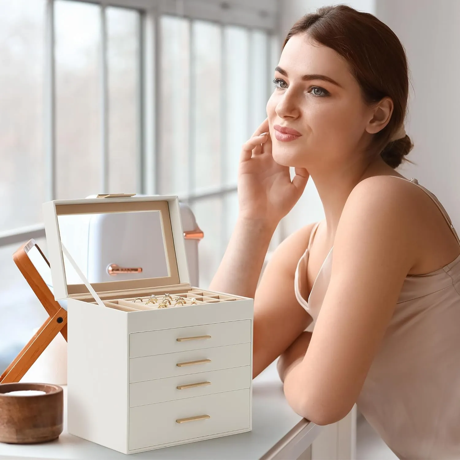 Jewelry Box, 5 Layers Jewelry Storage Display Box with Glass Lid for Women, 4 Drawers,Large Capacity for Necklace Earrings Bracelets Rings,White