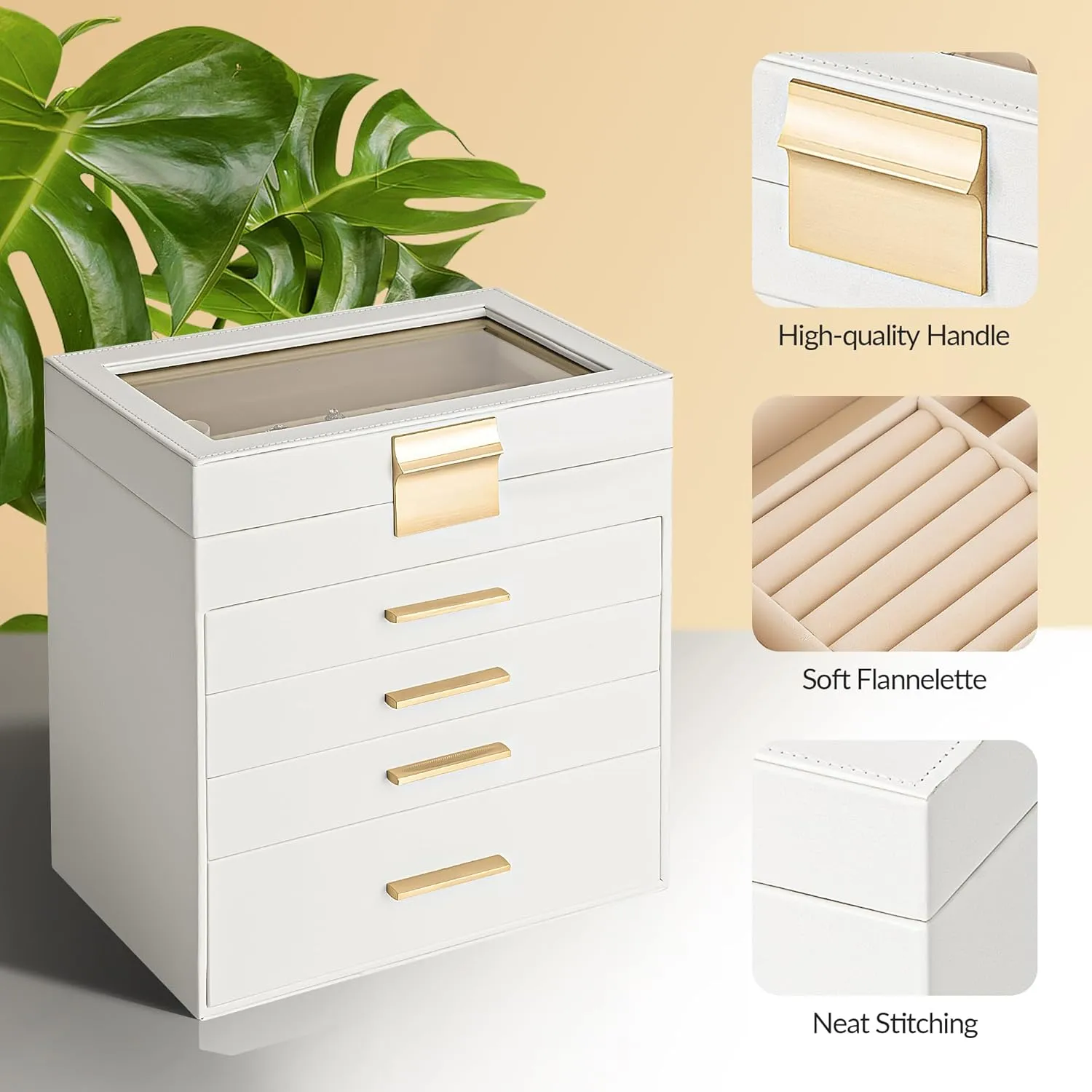 Jewelry Box, 5 Layers Jewelry Storage Display Box with Glass Lid for Women, 4 Drawers,Large Capacity for Necklace Earrings Bracelets Rings,White
