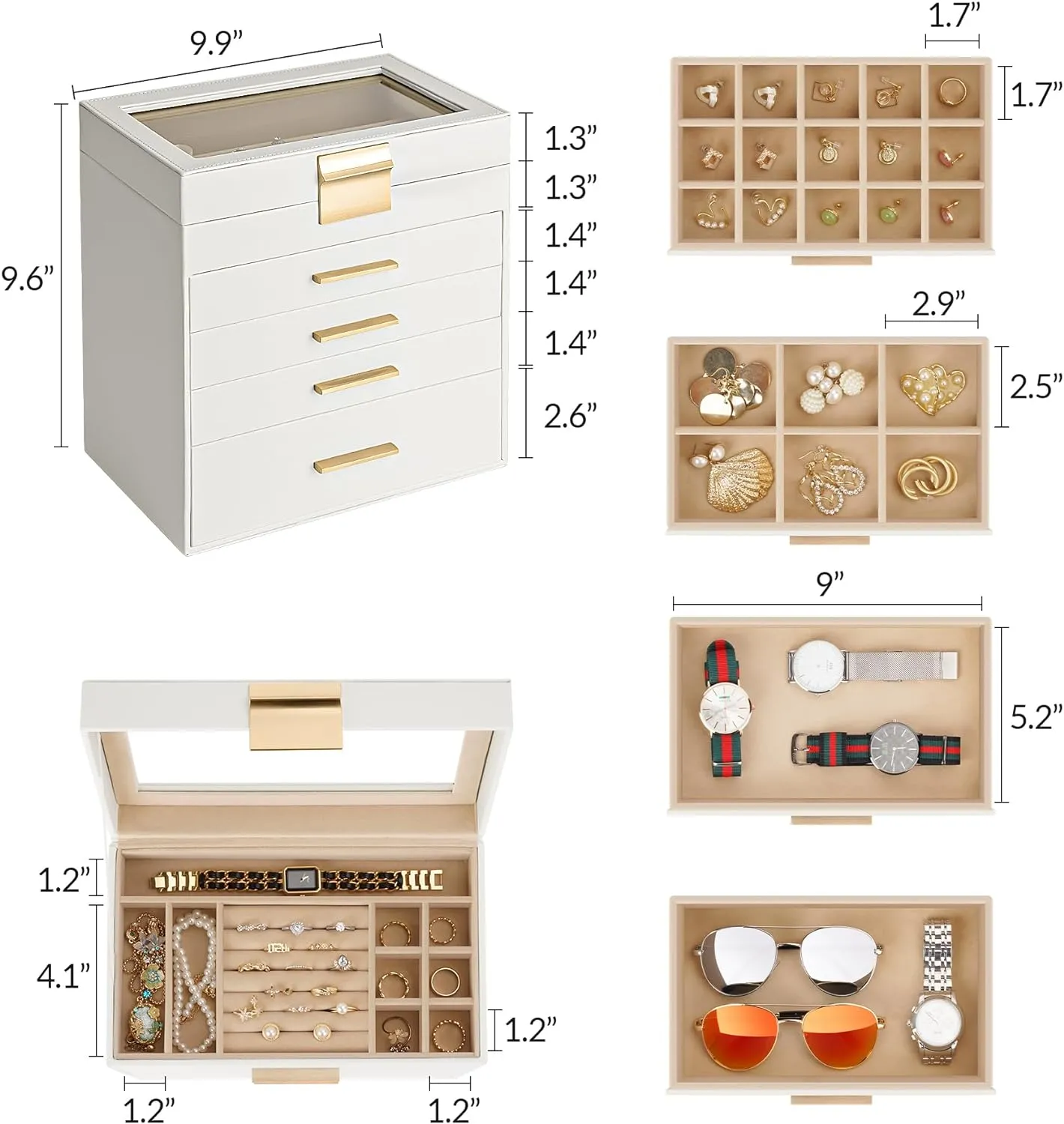 Jewelry Box, 5 Layers Jewelry Storage Display Box with Glass Lid for Women, 4 Drawers,Large Capacity for Necklace Earrings Bracelets Rings,White