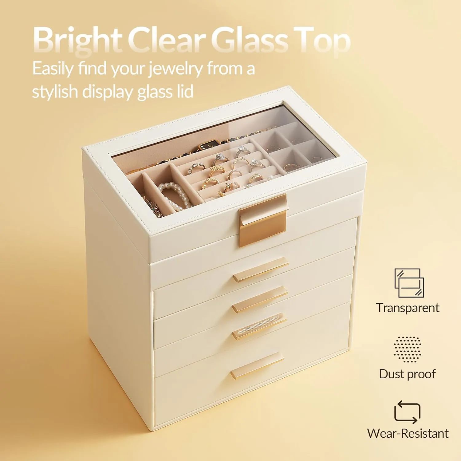 Jewelry Box, 5 Layers Jewelry Storage Display Box with Glass Lid for Women, 4 Drawers,Large Capacity for Necklace Earrings Bracelets Rings,White