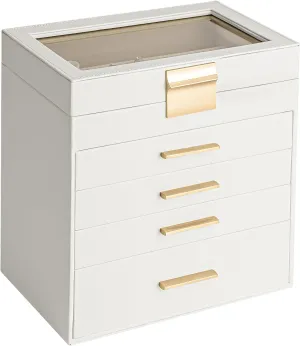 Jewelry Box, 5 Layers Jewelry Storage Display Box with Glass Lid for Women, 4 Drawers,Large Capacity for Necklace Earrings Bracelets Rings,White