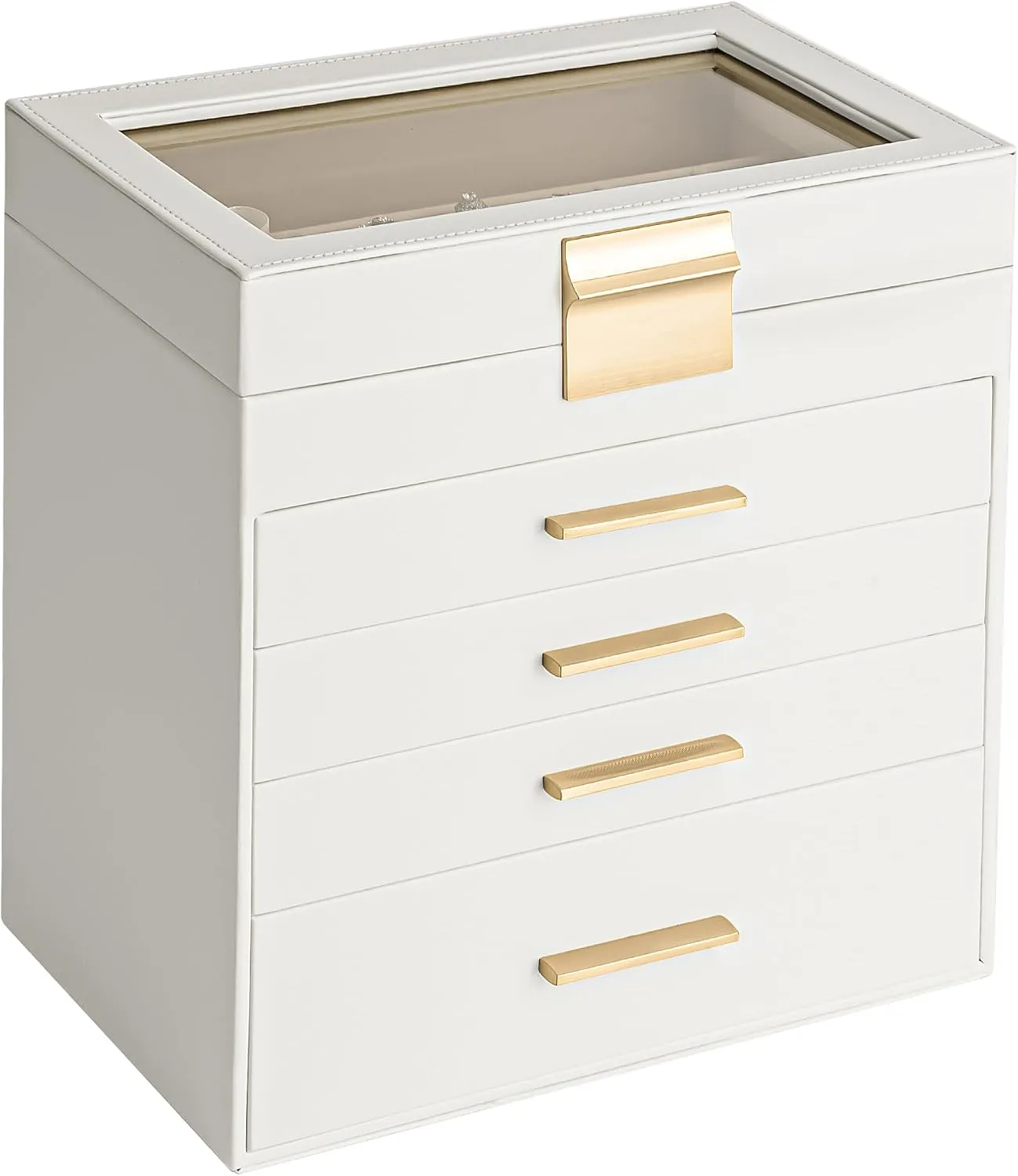 Jewelry Box, 5 Layers Jewelry Storage Display Box with Glass Lid for Women, 4 Drawers,Large Capacity for Necklace Earrings Bracelets Rings,White