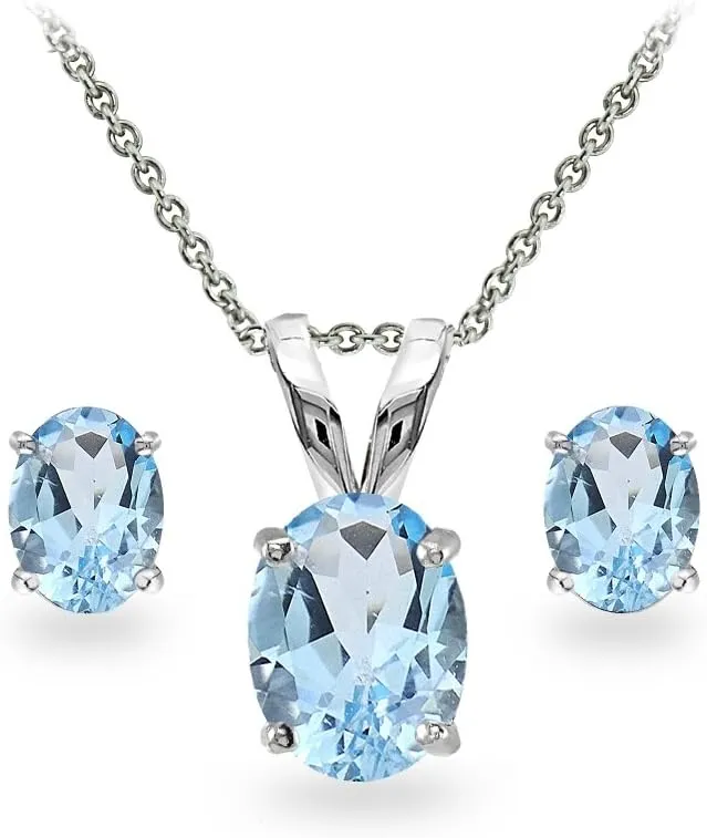 Jewelry Sets for Women, Necklace and Earring Sets for Women, Birthstone Jewelry, Genuine or Synthetic Gemstones, Oval Solitaire, Pendant Necklace, Stud Earrings, Sterling Silver Jewelry or Gold Flash