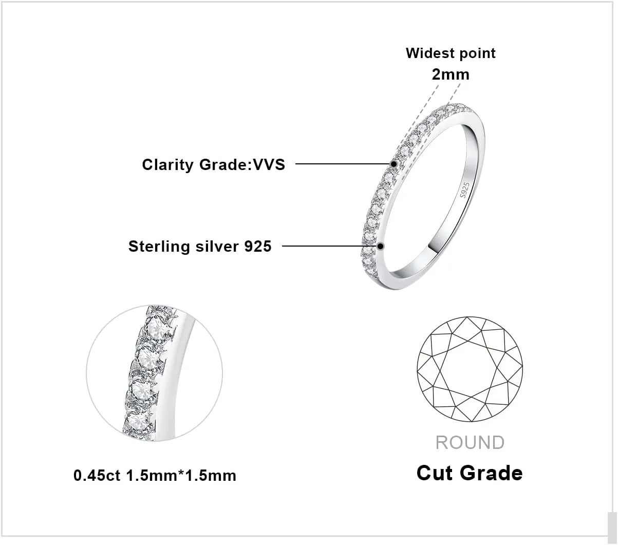 JewelryPalace 6 Stone Cubic Zirconia Half Eternity Stackable Wedding Rings for Women, 14K White Yellow Rose Gold Plated 925 Sterling Silver Promise Rings for Her, Simulated Diamond Wedding Band Ring