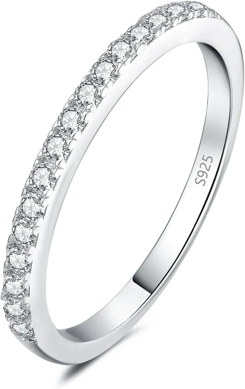 JewelryPalace 6 Stone Cubic Zirconia Half Eternity Stackable Wedding Rings for Women, 14K White Yellow Rose Gold Plated 925 Sterling Silver Promise Rings for Her, Simulated Diamond Wedding Band Ring