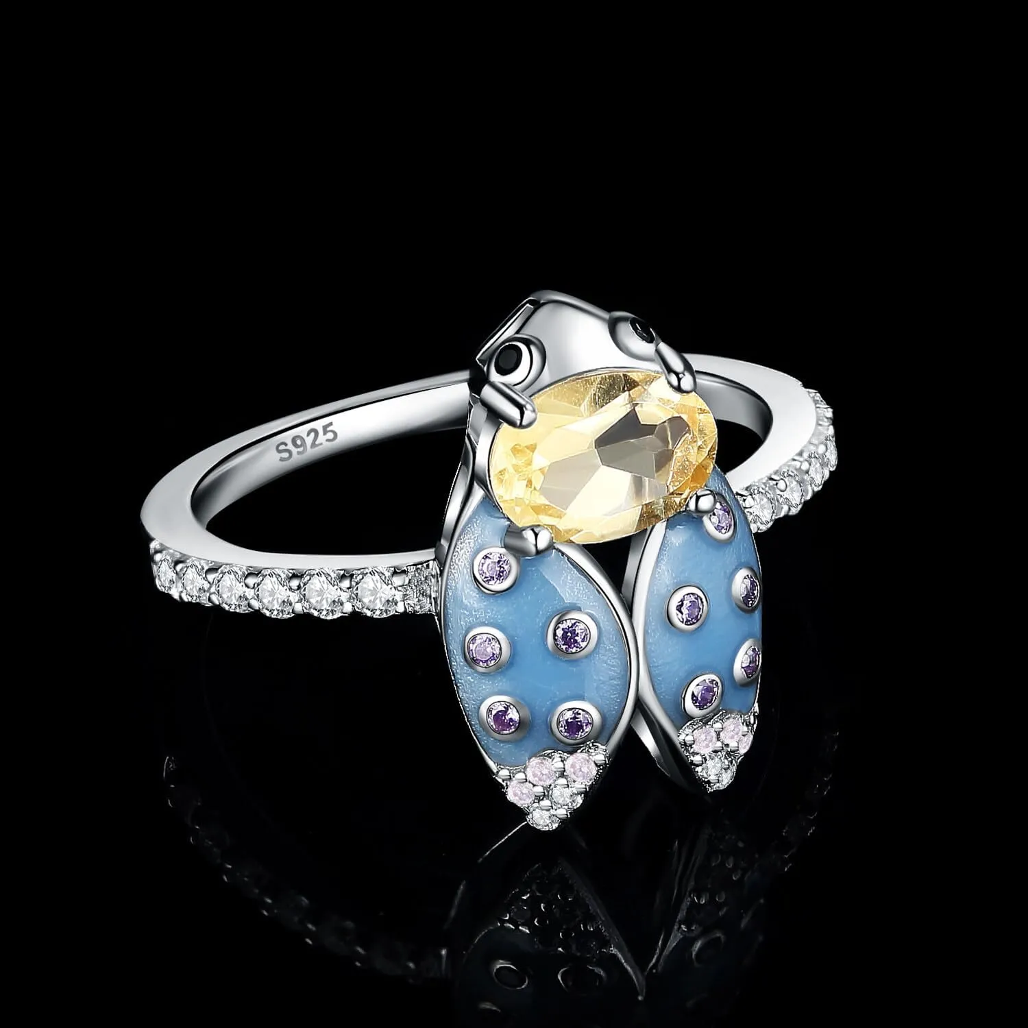 JewelryPalace Cicada Enamel 1.1ct Genuine Citrine Statement Ring for Women, Insect 14k White Gold Plated 925 Sterling Silver Ring for Her, Natural Yellow Gemstone Jewellery Sets