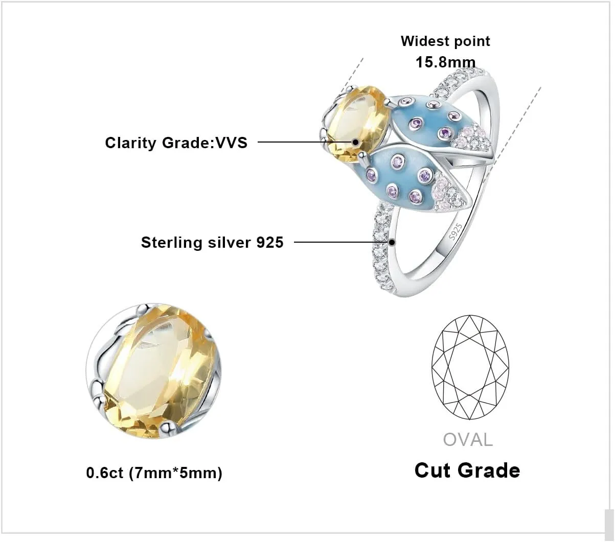 JewelryPalace Cicada Enamel 1.1ct Genuine Citrine Statement Ring for Women, Insect 14k White Gold Plated 925 Sterling Silver Ring for Her, Natural Yellow Gemstone Jewellery Sets