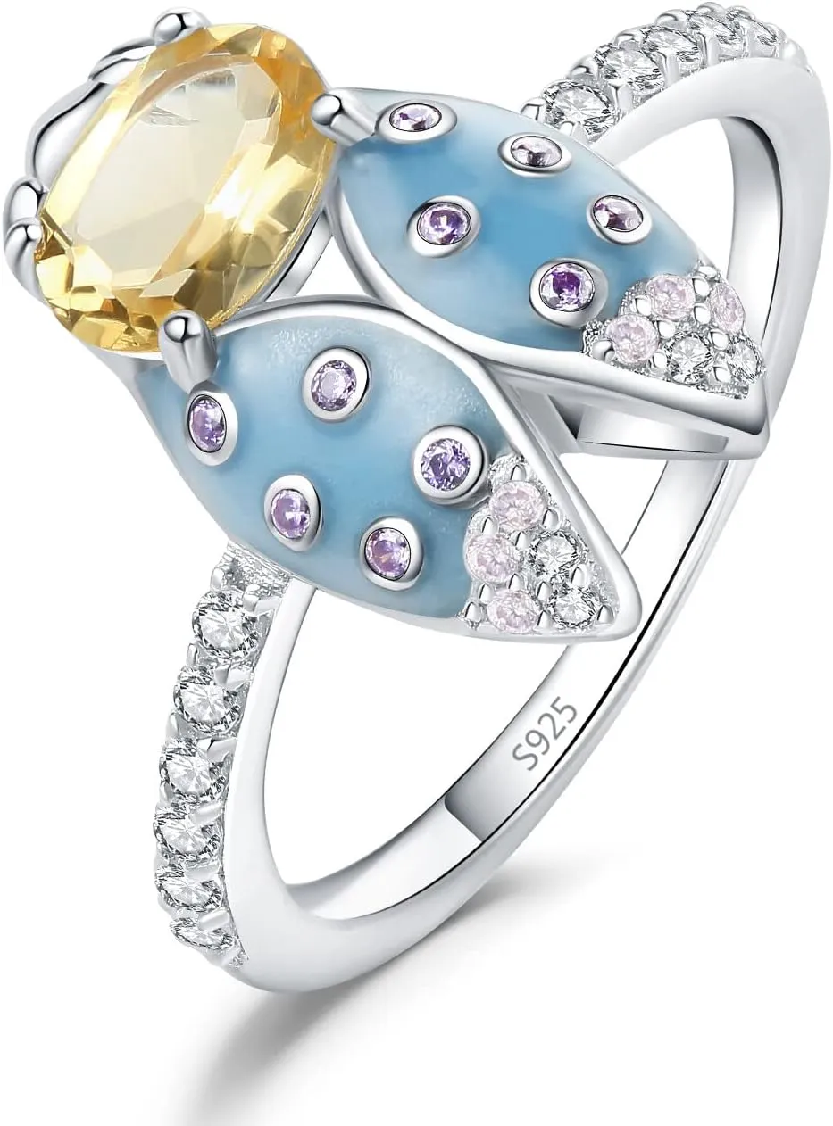 JewelryPalace Cicada Enamel 1.1ct Genuine Citrine Statement Ring for Women, Insect 14k White Gold Plated 925 Sterling Silver Ring for Her, Natural Yellow Gemstone Jewellery Sets