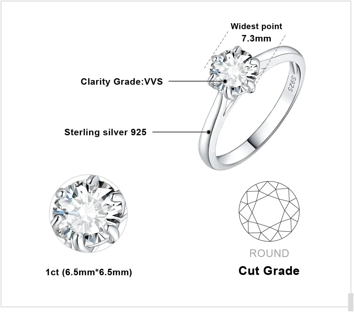 JewelryPalace Classic 1-3ct Round Cut Cubic Zirconia Solitaire Engagement Rings for Women, 14K White Yellow Rose Gold Plated 925 Sterling Silver Promise Ring, Simulated Diamond Anniversary Rings
