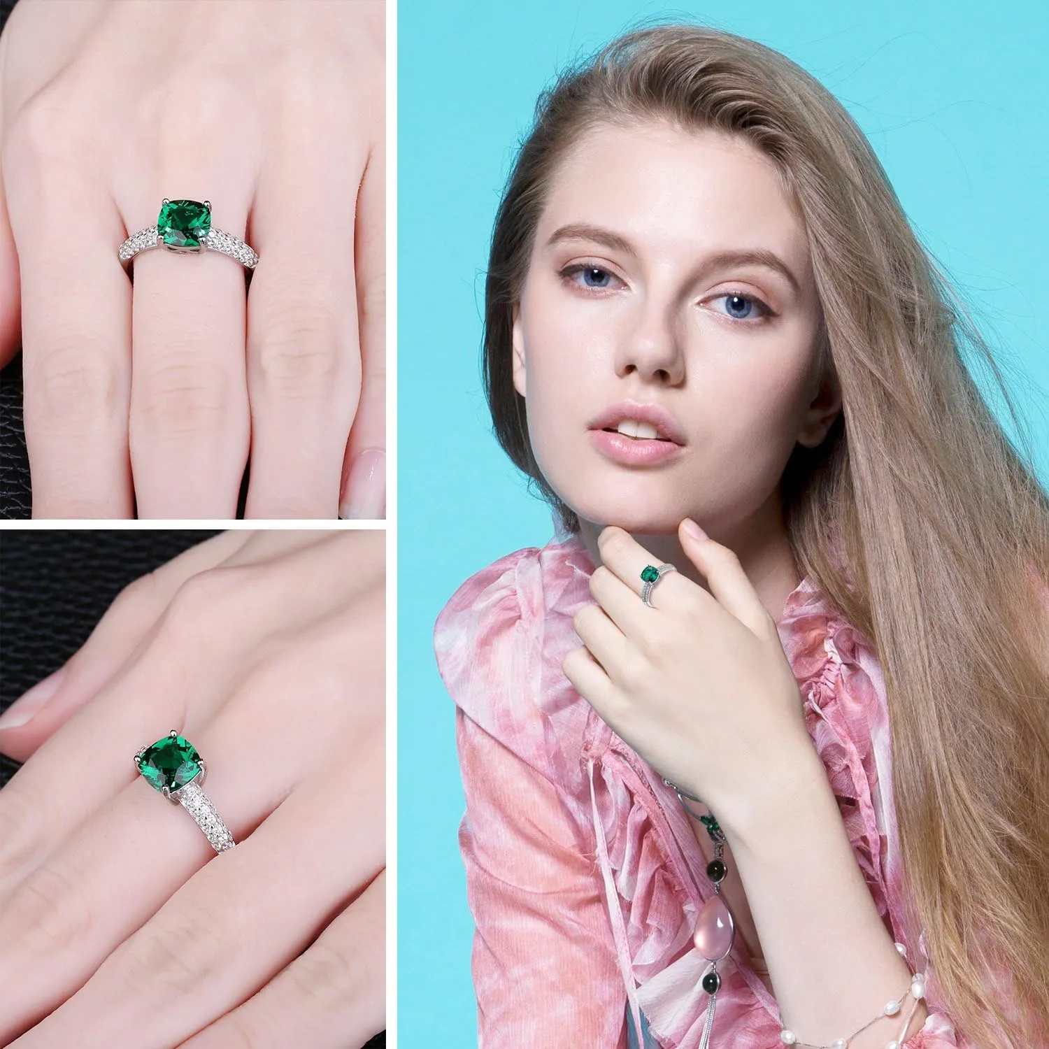 JewelryPalace Cushion Cut 1.8ct Simulated Emerald Solitaire Rings for Her, 14K White Yellow Rose 925 Sterling Silver Promise Ring for Women, Green Gemstone Jewelry Sets Rings