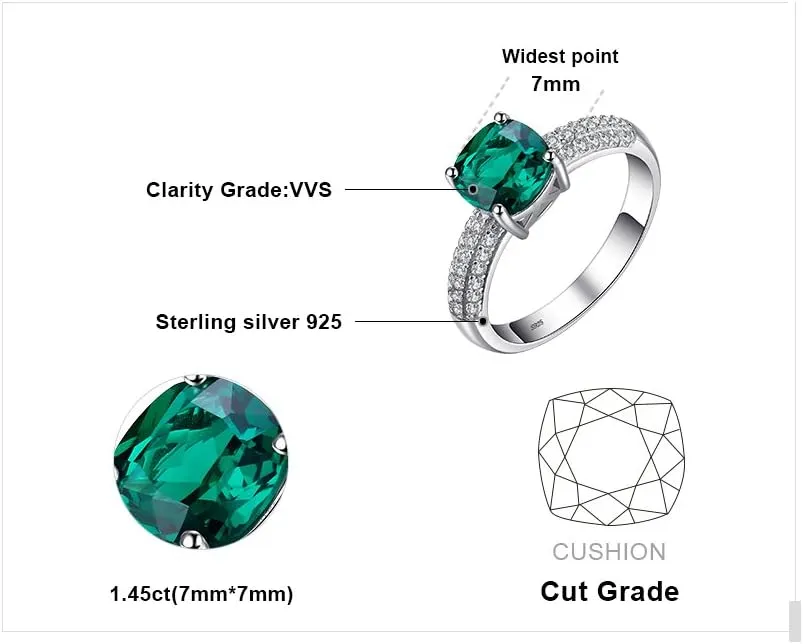 JewelryPalace Cushion Cut 1.8ct Simulated Emerald Solitaire Rings for Her, 14K White Yellow Rose 925 Sterling Silver Promise Ring for Women, Green Gemstone Jewelry Sets Rings