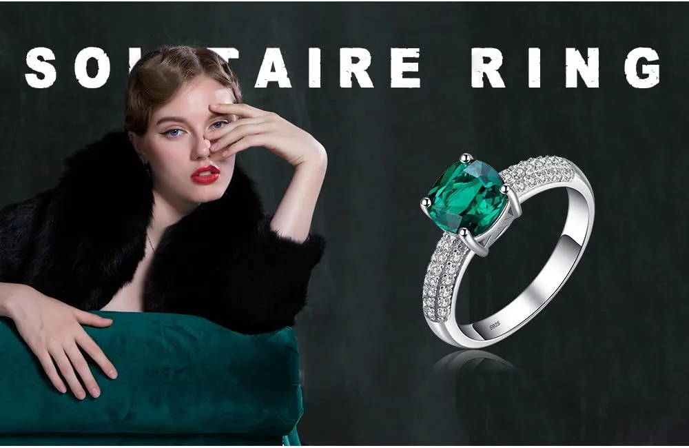 JewelryPalace Cushion Cut 1.8ct Simulated Emerald Solitaire Rings for Her, 14K White Yellow Rose 925 Sterling Silver Promise Ring for Women, Green Gemstone Jewelry Sets Rings