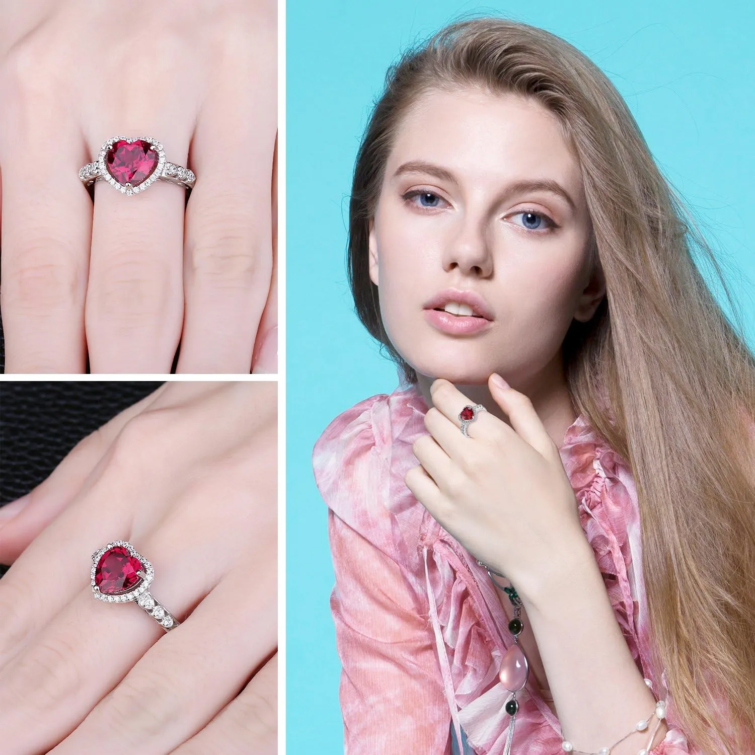 JewelryPalace Heart Of Ocean Heart Created Red Ruby Halo Promise Ring for her, Anniversary 925 Sterling Silver Rings for Women, Forever Love Gemstone Rings, Girls Womens Jewelry Sets