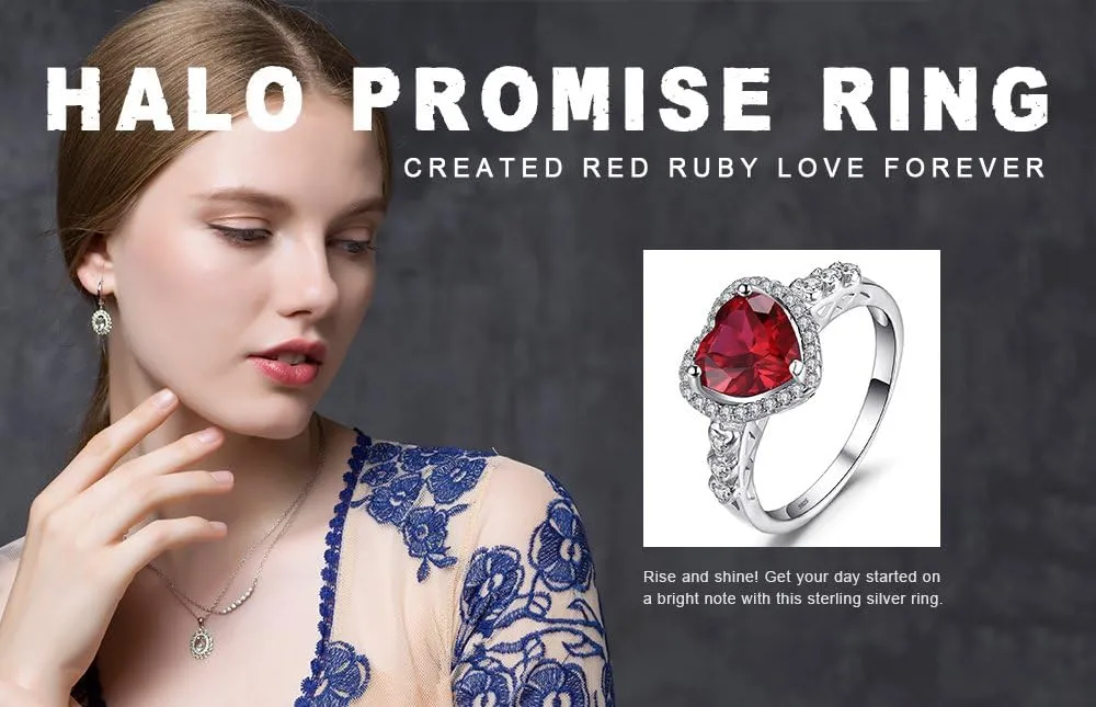 JewelryPalace Heart Of Ocean Heart Created Red Ruby Halo Promise Ring for her, Anniversary 925 Sterling Silver Rings for Women, Forever Love Gemstone Rings, Girls Womens Jewelry Sets